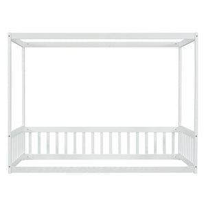 English Elm Twin Canopy Frame Floor Bed With Guardrails – Charming White Design For Cozy Kids' Rooms & Playtime W504P143278-GIGA