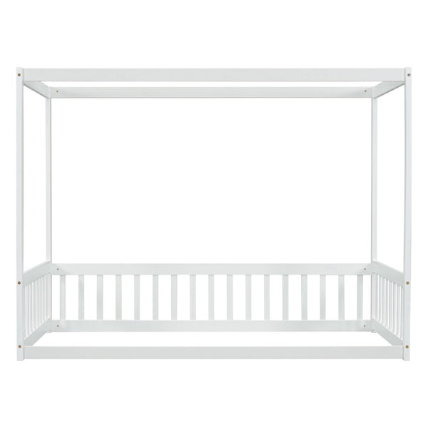 English Elm Twin Canopy Frame Floor Bed With Guardrails – Charming White Design For Cozy Kids' Rooms & Playtime W504P143278-GIGA