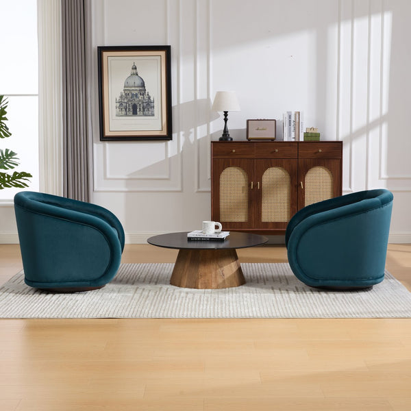 English Elm Swivel Barrel Chair Pumpkin Sculptural Velvet Upholstered with Walnut Wood Round Base Teal W3244P427742
