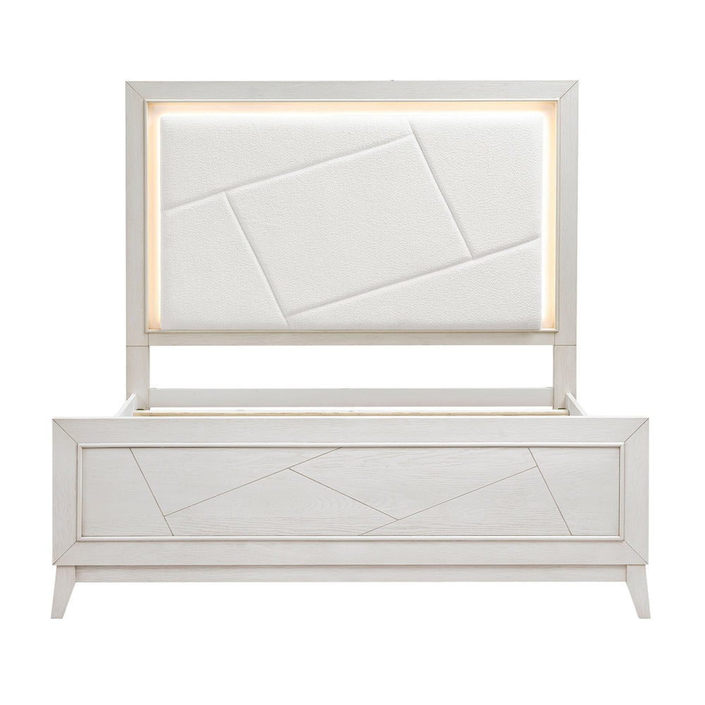 English Elm Antique White Oak Queen Bed Ivory Chenille Headboard Led Glow Geometric Modern B011S01615