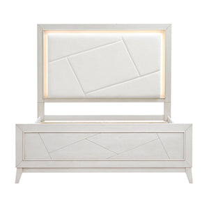 English Elm Antique White Oak Queen Bed Ivory Chenille Headboard Led Glow Geometric Modern B011S01615