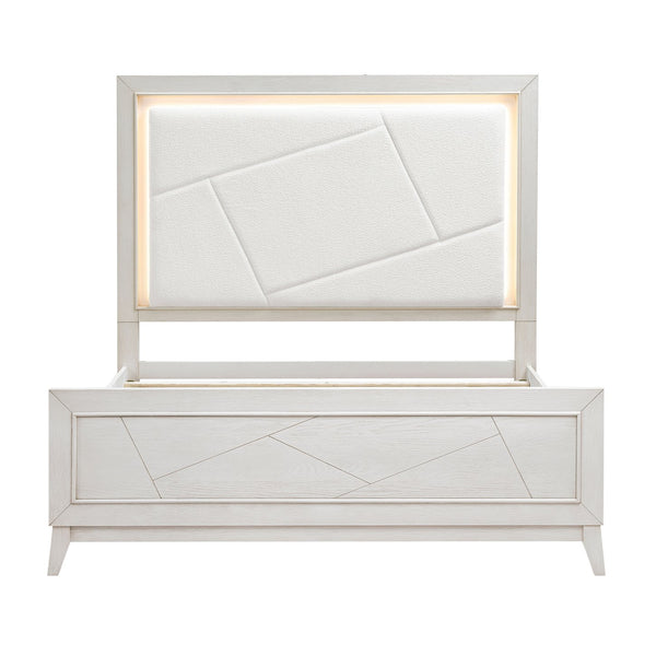 English Elm Antique White Oak Queen Bed Ivory Chenille Headboard Led Glow Geometric Modern B011S01615