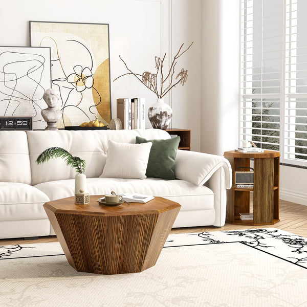 English Elm 31.5 Octagonal Black Rubber Wood Coffee Tables Set of Two – Stylish Living Room Accent, 110lb Capacity Natural W757P203143