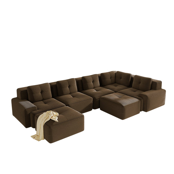 English Elm Modular Corduroy Sectional Sofa V Shaped 5 Seat Living Room Couch with Ottoman Brown W714S01577
