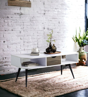 English Elm Halima Modern White & Black Coffee Table with Drawer, 2 Open Shelves, Metal Legs, Durable Finish B2726P287756