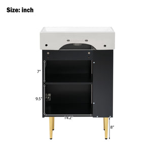 English Elm 21.6" Black Bathroom Vanity with Ceramic Sink, Left Side Storage, Gold Legs, Soft-Close Hinges and Triple-Coat Finish SV000007AAB