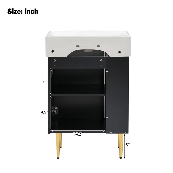 English Elm 21.6" Black Bathroom Vanity with Ceramic Sink, Left Side Storage, Gold Legs, Soft-Close Hinges and Triple-Coat Finish SV000007AAB