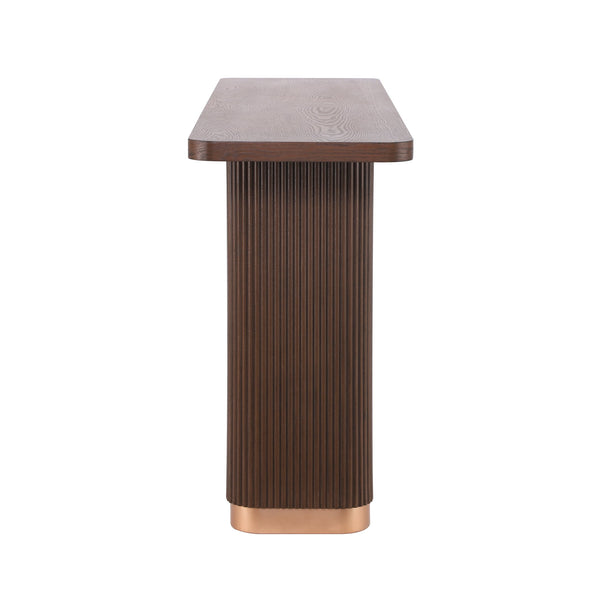 English Elm Console Table with Ash Veneer Top Fluted Pedestal Base and Metal Accents for Entryway N760P359389D
