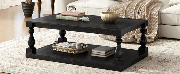 English Elm U_style Pine Veneer Coffee Table with Sculptural Turned Legs for Classic Living Room Decor Black N711P407149B