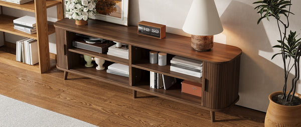 English Elm 70-inch Media Console with Sliding Groove Doors Solid Pine Legs and Cable Management N710P427897P