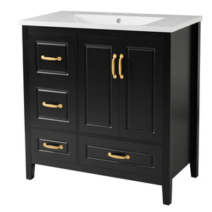 English Elm Christopher Knight Home® - 36" Freestanding Bathroom Vanity with Resin Sink, Soft-Close Doors & Drawers, Gold Alloy Handles, Spacious Storage and Easy Plumbing Access Black N759P292552B