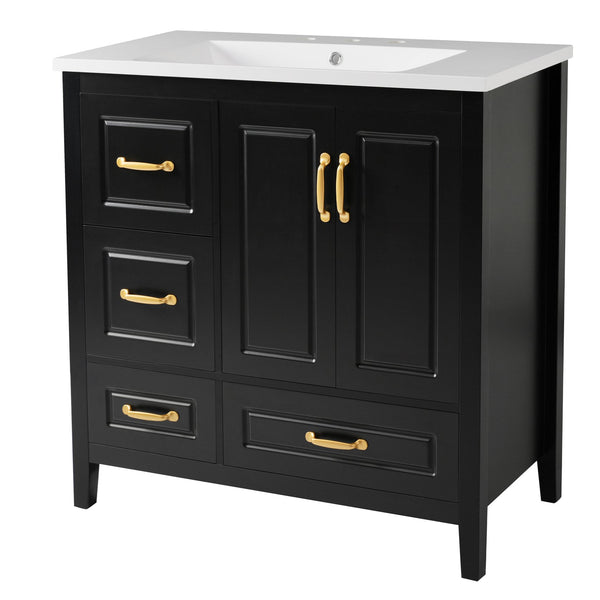 English Elm Christopher Knight Home® - 36" Freestanding Bathroom Vanity with Resin Sink, Soft-Close Doors & Drawers, Gold Alloy Handles, Spacious Storage and Easy Plumbing Access Black N759P292552B