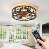 English Elm Caged Ceiling Fan With Lights Remote Control, Low Profile Flush Mount Farmhouse Modern Ceiling Fans, 6 Speeds Reversible Blades, 5 Led Bulbs Include(Black)