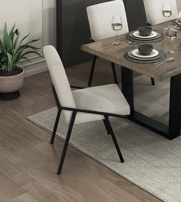 English Elm Modern Oak Veneer Dining Table with Six Cream Upholstered Chairs Black Metal Base B011S01606
