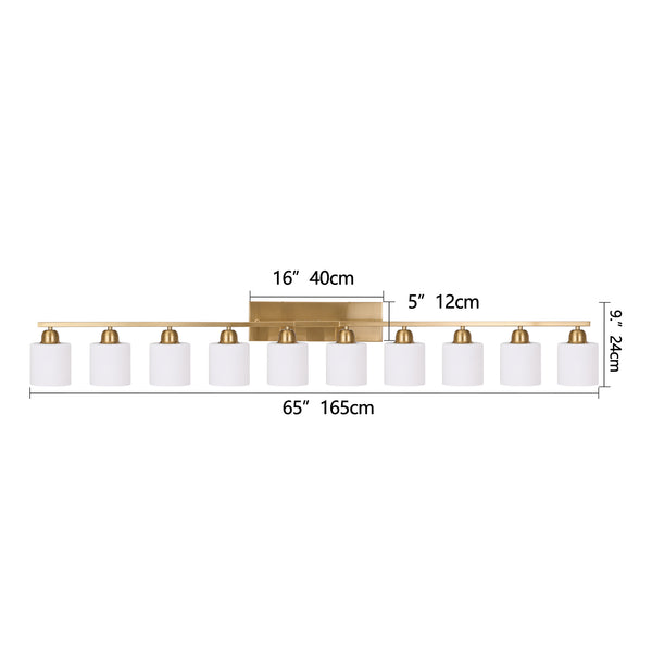 English Elm 65inch Gold Bathroom Light Fixtures Modern Vanity Mirror Light 10-Bulb E26 Milky Glass Wall Sconce Design W2312P374860