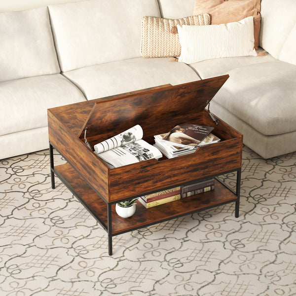 English Elm Farmhouse Flip Top Coffee Table With Hidden Storage – Rustic Wood & Metal Design For Stylish Living Rooms T2398P354184