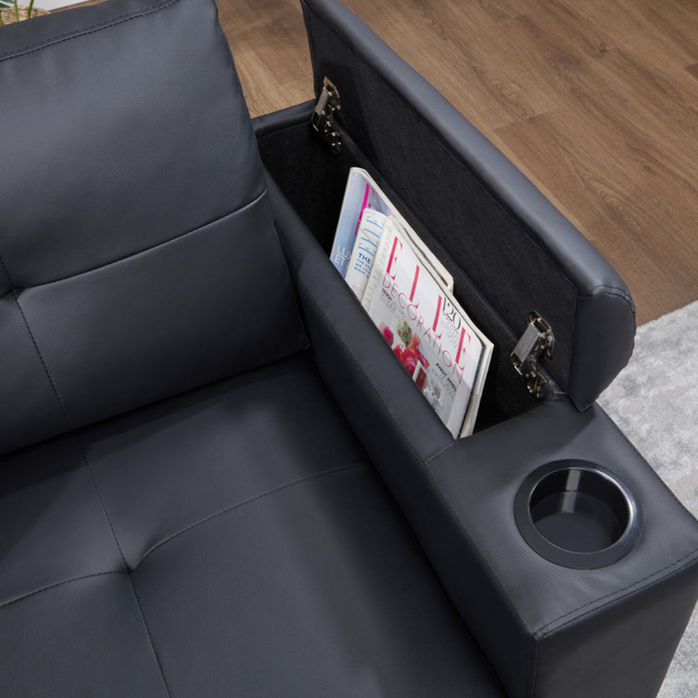 English Elm PVC Sleeper Sectional with USB Ports, Cupholders & Hidden Storage Arms – Convertible Black Sofa Bed B016S00052