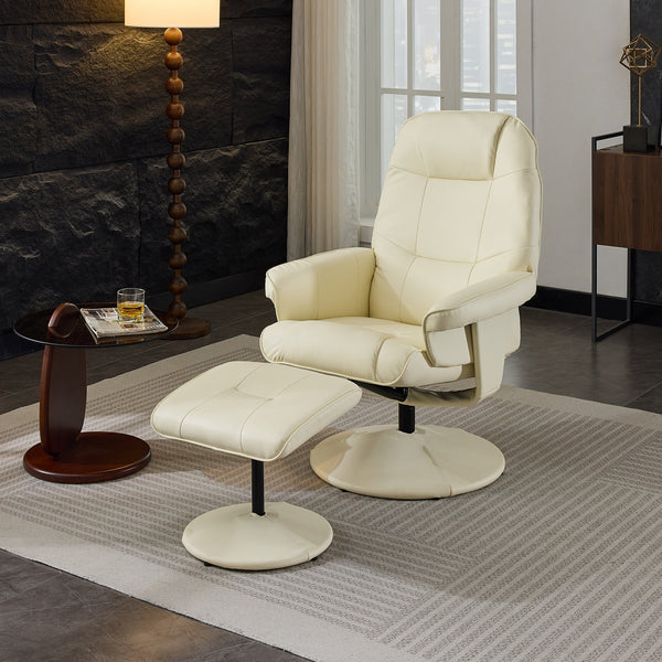 English Elm 011-Massage Recliner Chair with Ottoman, 360° Swivel PU Leather, 5-Point Vibration Massage, Heated Seat, 140° Backrest Comfort Beige W2636P262427