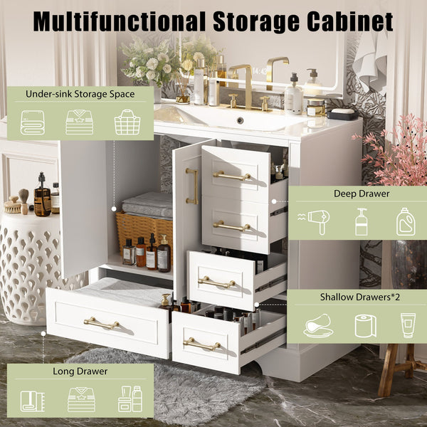 English Elm 36" Traditional Bathroom Vanity with Ceramic Sink, Solid Wood Cabinet, Soft-Close Doors & Drawers White N729P251630K