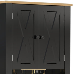 English Elm Bar Cabinet Farmhouse 69 Inch with Rgb Led Barn Door Wine Rack and Charging Station Black N728P438603B