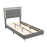 English Elm Twin Size Upholstered Bed Frame With Led Lights,Modern Velvet Platform Bed With Tufted Headboard,Grey