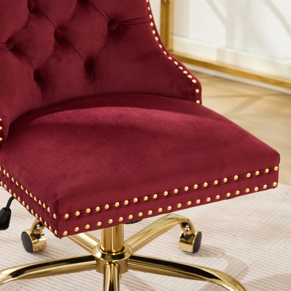English Elm A&A Elegant Chenille Tufted Office Chair with Hand-Pulled Buttons, Nailhead Trim & Gold Chrome Base WINE RED W1143P369093