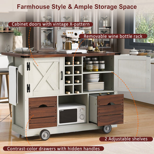 English Elm K&K 54" Farmhouse Kitchen Island Cart with Drop Leaf, Wine Rack, Power Outlet and Rolling Storage White N707P349814W