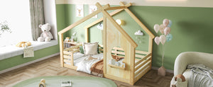 English Elm Twin House Bed Low Profile Pine Wood Frame with Shelf Montessori Kids Floor Sleeping Natural W5305P429643