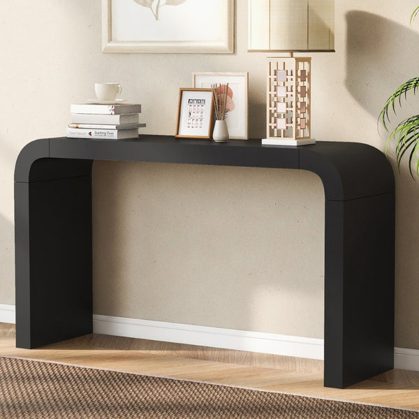 English Elm U_style Acacia Veneer Minimalist Console Table Slim Two Leg Frame for Entryway Halls Black N711P213374B
