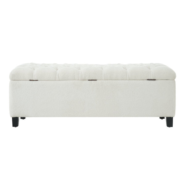 English Elm Ottoman Storage Bench Boucle Tufted Upholstered with Rubberwood Legs Bedroom Entryway N779P369512W