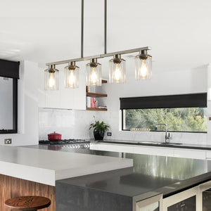 English Elm 37" Five-light Iron Chandelier Brushed Nickel Finish Clear Glass Linear Kitchen Pendant W1340P206715