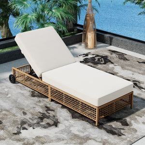 English Elm Trexm Outdoor Pe Rattan Chaise with Adjustable Backrest Cushion and Wheels for Poolside N715P207900A