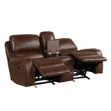 English Elm Achern Brown Leather-Air Nailhead Manual Reclining Loveseat With Storage Console