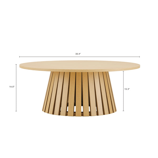 English Elm Layla Round Coffee Table with Slatted Conical Base, Wood Grain Finish, 35.4" Top for Stylish Living Room Decor Light Oak B365P398084