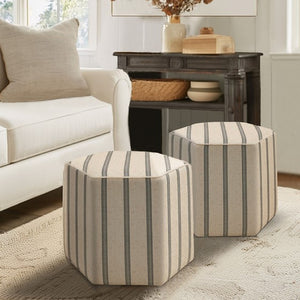 English Elm Ellen Hexagonal Accent Ottoman with Neutral Striped Upholstery, Farmhouse Chic, Solid Frame B03548964