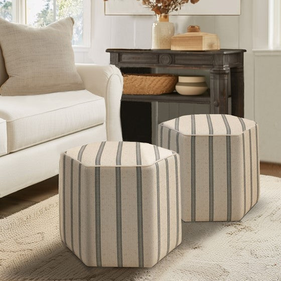 English Elm Ellen Hexagonal Accent Ottoman with Neutral Striped Upholstery, Farmhouse Chic, Solid Frame B03548964