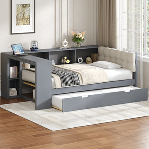English Elm Wood Twin Platform Bed Linen Headboard Storage Shelves Trundle Charging Station Gray N709P004023E