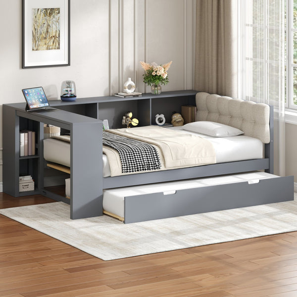 English Elm Wood Twin Platform Bed Linen Headboard Storage Shelves Trundle Charging Station Gray N709P004023E