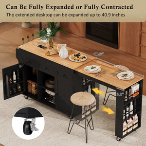 English Elm K&k Rolling Kitchen Island with Extendable Table Open Shelving and Built-in Power Outlet Black N707P360278B