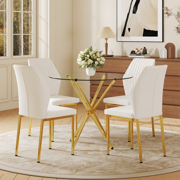 English Elm 4-Piece Modern Luxe Dining Set With Round Glass Table & Elegant White-Gold Chairs For Stylish Interiors W1151S03685
