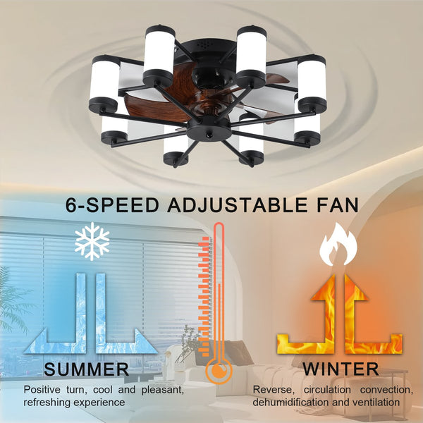 English Elm 21.7 Ceiling Fan Light Windmill Flush Mount with Dimmable LED, Remote, Timer, 6 Speeds, Black Wood-Blade W2312P374761