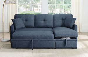 English Elm 76.5" Chenille Tufted Sectional Sleeper Sofa with Reversible Chaise and Hidden Storage Dark Blue B2748S00003