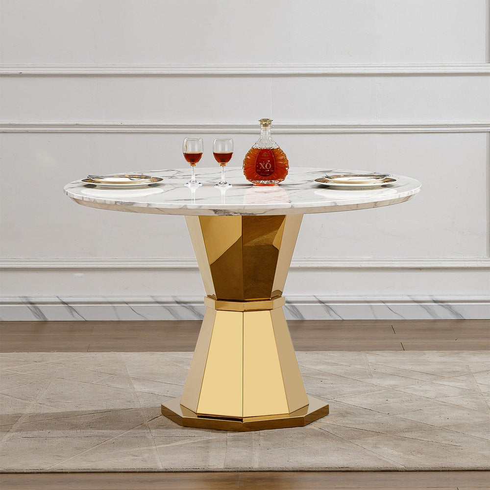 English Elm 47" Round Marble Dining Table - Luxurious High Gloss Faux Marble Top & Stainless Steel Base For Modern Spaces W3456S00005