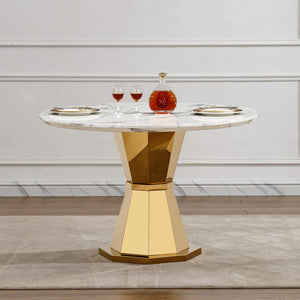 English Elm 47" Round Marble Dining Table - Luxurious High Gloss Faux Marble Top & Stainless Steel Base For Modern Spaces W3456S00005