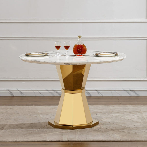 English Elm 47" Round Marble Dining Table - Luxurious High Gloss Faux Marble Top & Stainless Steel Base For Modern Spaces W3456S00005
