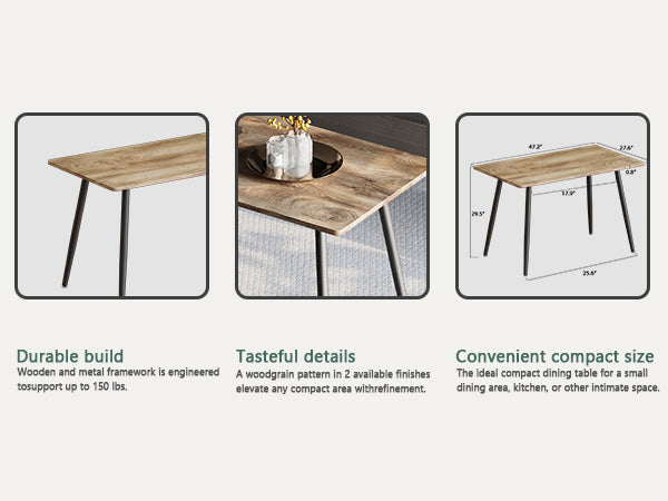 English Elm 47" Modern minimalist MDF dining table with sturdy metal legs, waterproof scratch-resistant top, 51.6" x 30.5" Wood W2189133893