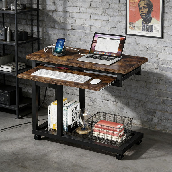English Elm Side Rolling C Table with Adjustable Height Keyboard Tray and Built in Charging Outlet T3971P448106