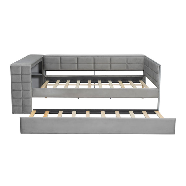 English Elm Full Size Upholstered Platform Bed With Trundle, Charging Station, And Smart Storage In Gray Velvet N7090000604E