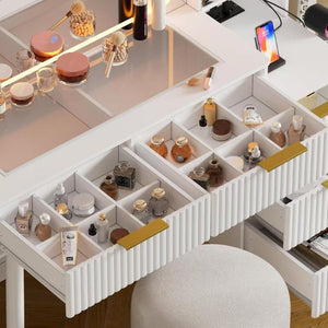 English Elm Vanity Desk With Integrated Mirror & Adjustable Lighting, Elegant Makeup Table With Glass Top & Drawers W3393P315818-GIGA