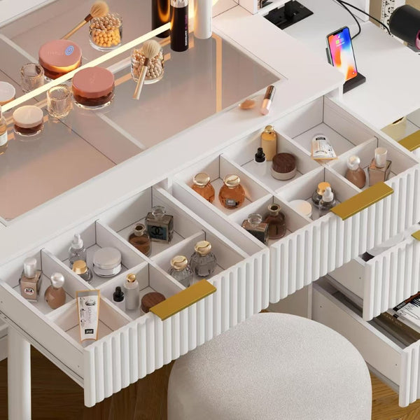 English Elm Vanity Desk With Integrated Mirror & Adjustable Lighting, Elegant Makeup Table With Glass Top & Drawers W3393P315818-GIGA